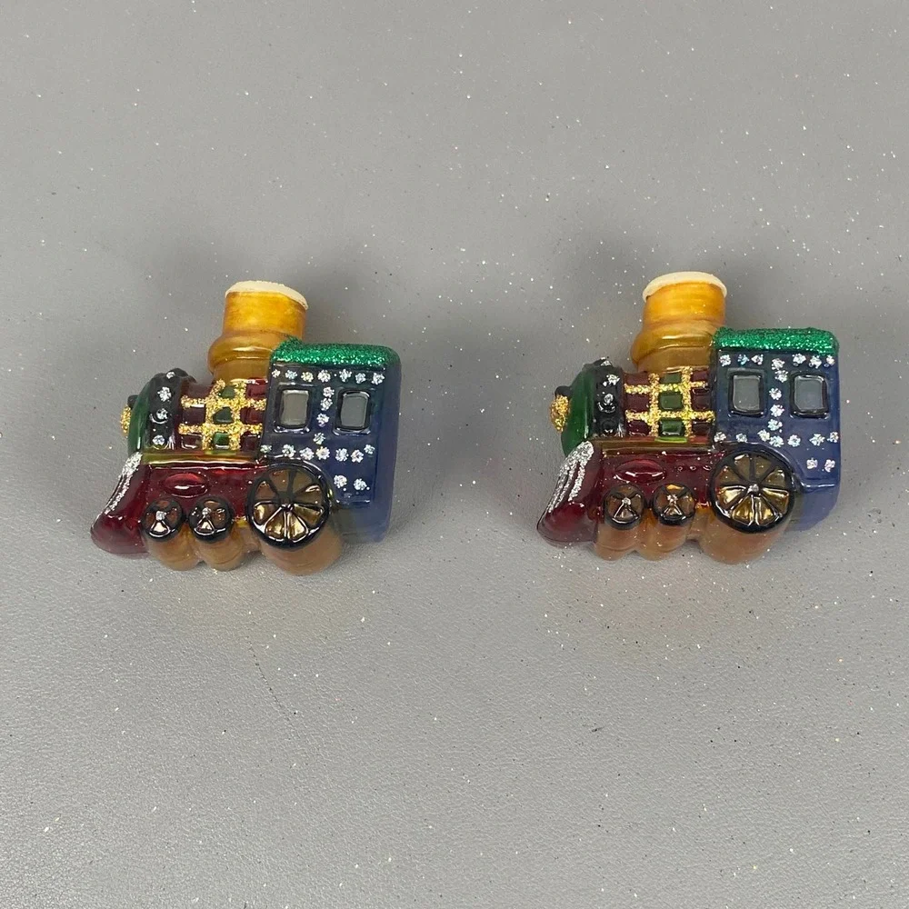 2 Old World Christmas Glass Train Holiday Light Covers Glitter Locomotive Set